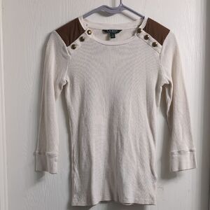 Cream and Brown Long Sleeve Top with Button Accents